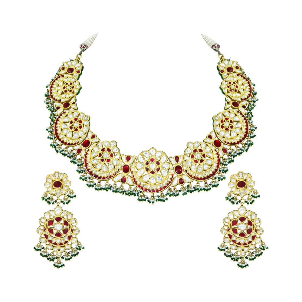 Crescent Polki Necklace Set with Red Talaf, Emeralds, and Pearls